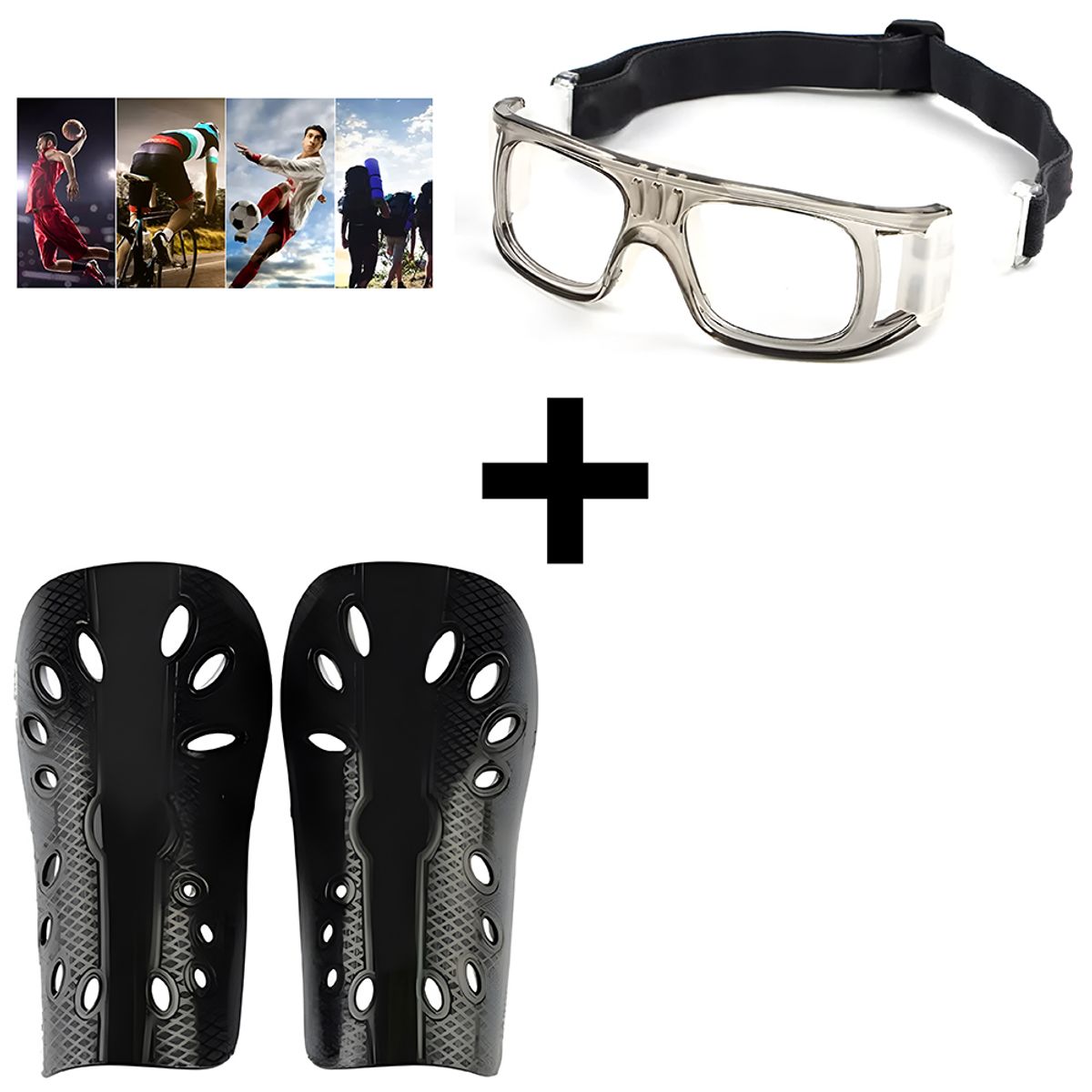 GENERICO - Marco Montura De Lentes Anti-Impacto Gris + Canilleras de Fútbol-Adulto