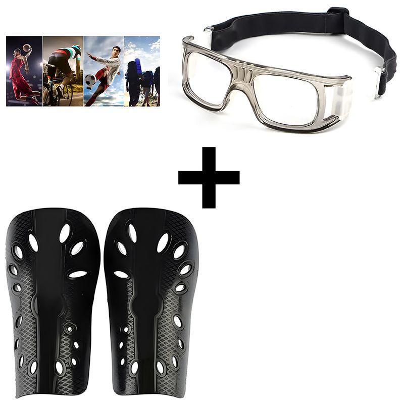 GENERICO - Marco Montura De Lentes Anti-Impacto Gris + Canilleras de Fútbol-Adulto