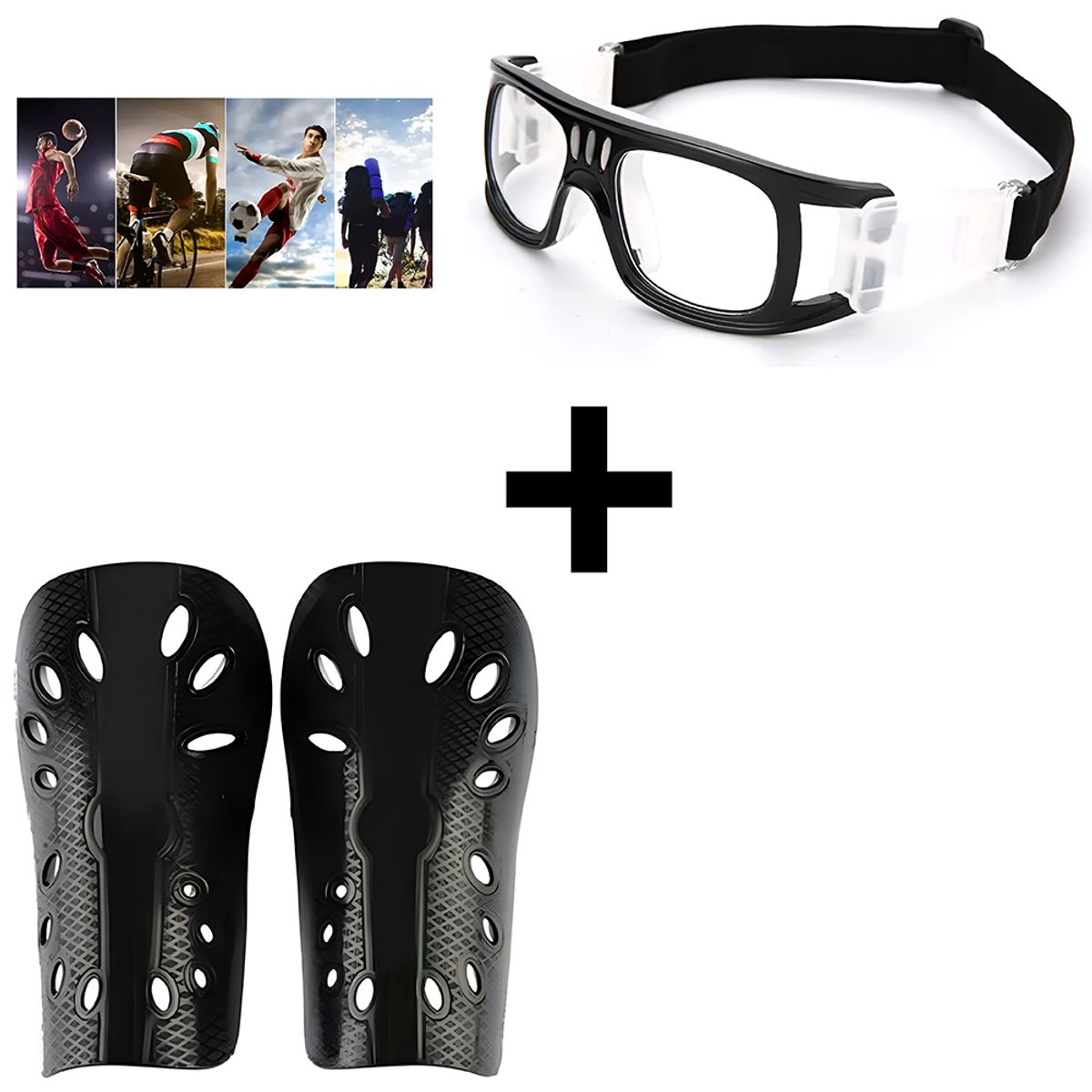 GENERICO - Marco Montura De Lentes Anti-Impacto Negro + Canilleras de Fútbol - Adulto