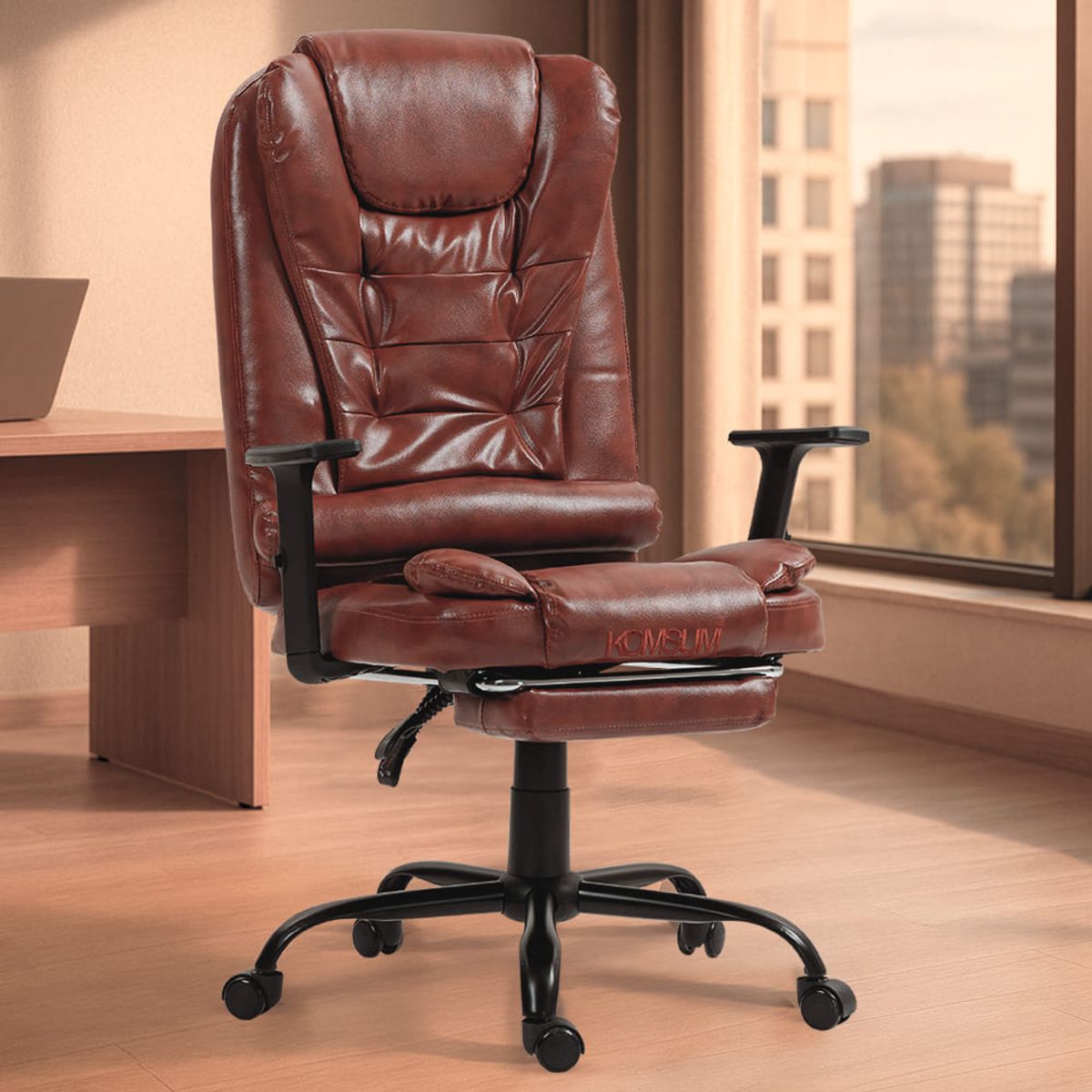 KOMSUM - Silla Ergonomica Oficina Gerencial BaseAcero Roma Komsum Marron Claro