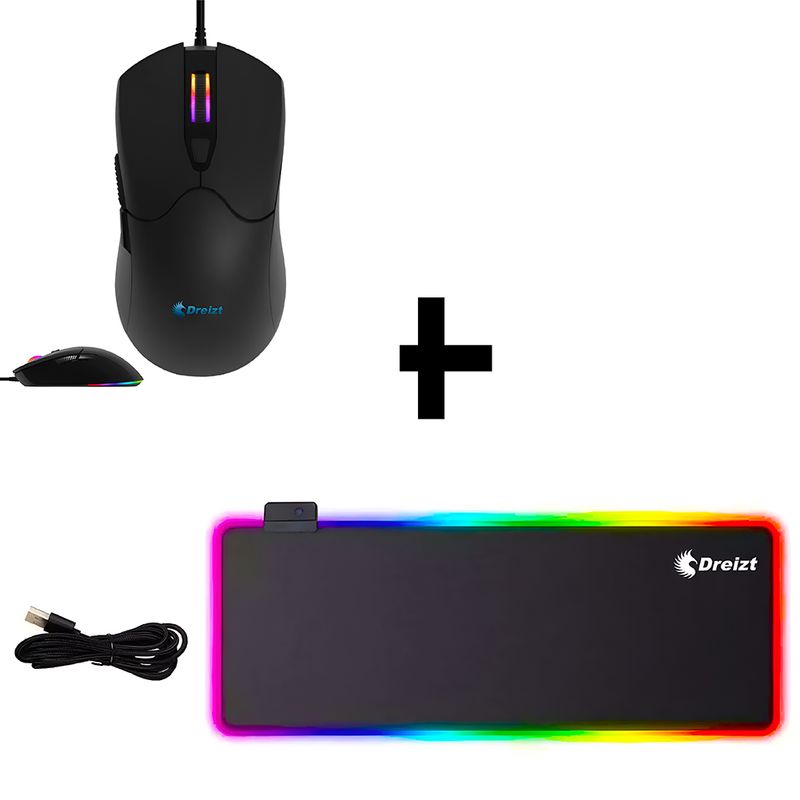 DREIZT - Mouse RGB Mate 12,800 dpi Negro + Mousepad Multicolor XL80cmx30cm