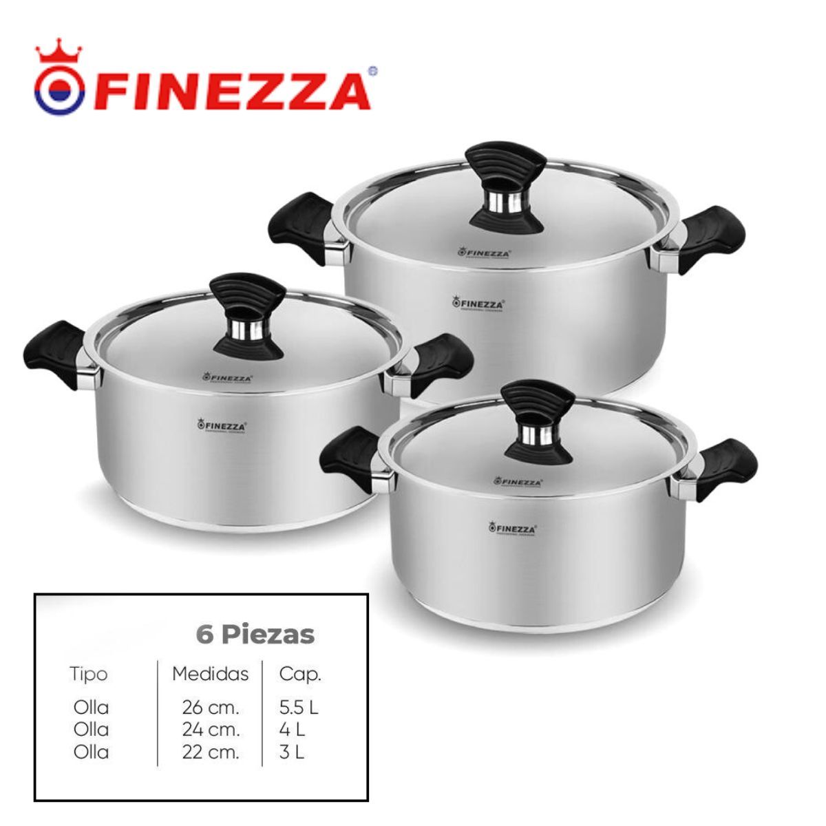 FINEZZA - JUEGO DE OLLAS DE ACERO INOXIDABLE 6 PIEZAS FINEZZA