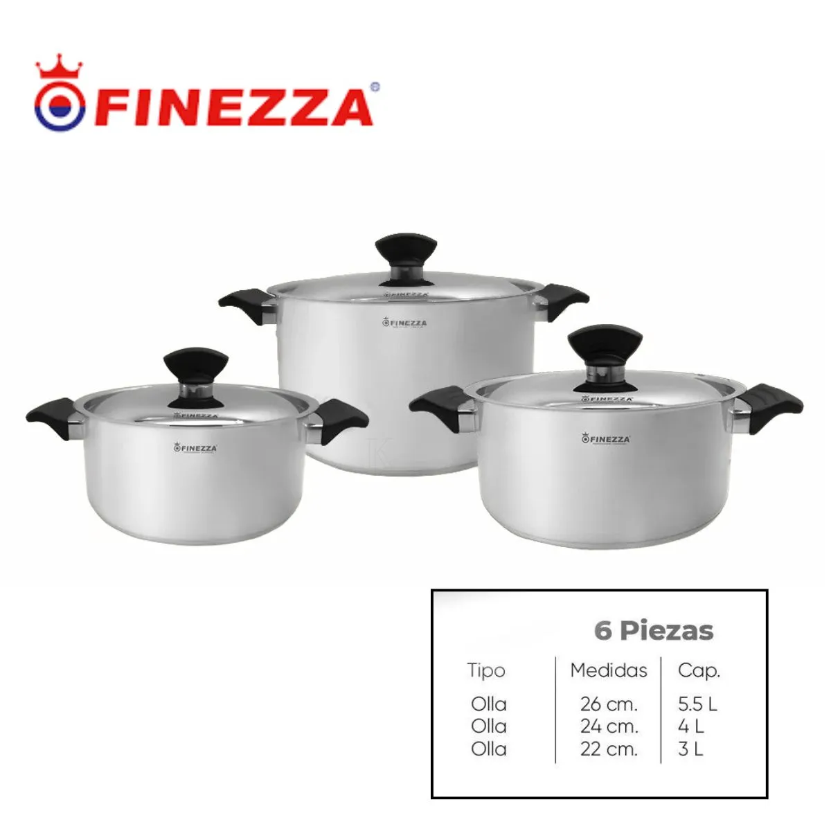 FINEZZA - JUEGO DE OLLAS DE ACERO INOXIDABLE 6 PIEZAS FINEZZA