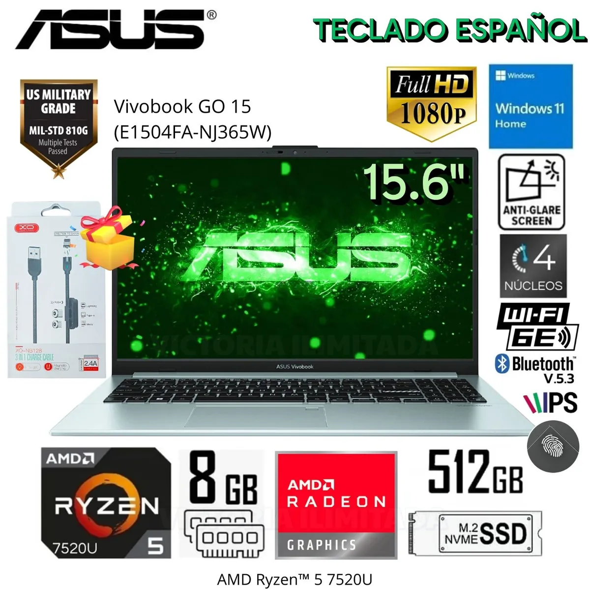 ASUS - Laptop Asus Vivobook Go 15 E1504FA-NJ365W AMD Ryzen  5-7520U 8GB DDR5 RAM 512GB SSD 15.6"  FHD - Grey Green