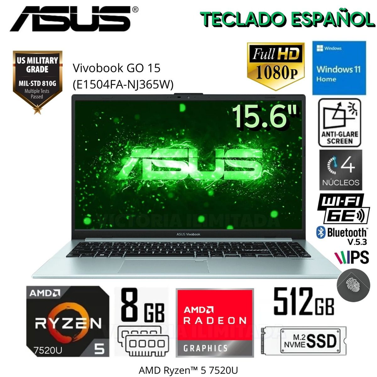 ASUS - Laptop Asus Vivobook Go 15 E1504FA-NJ365W AMD Ryzen  5-7520U 8GB DDR5 RAM 512GB SSD 15.6"  FHD - Grey Green