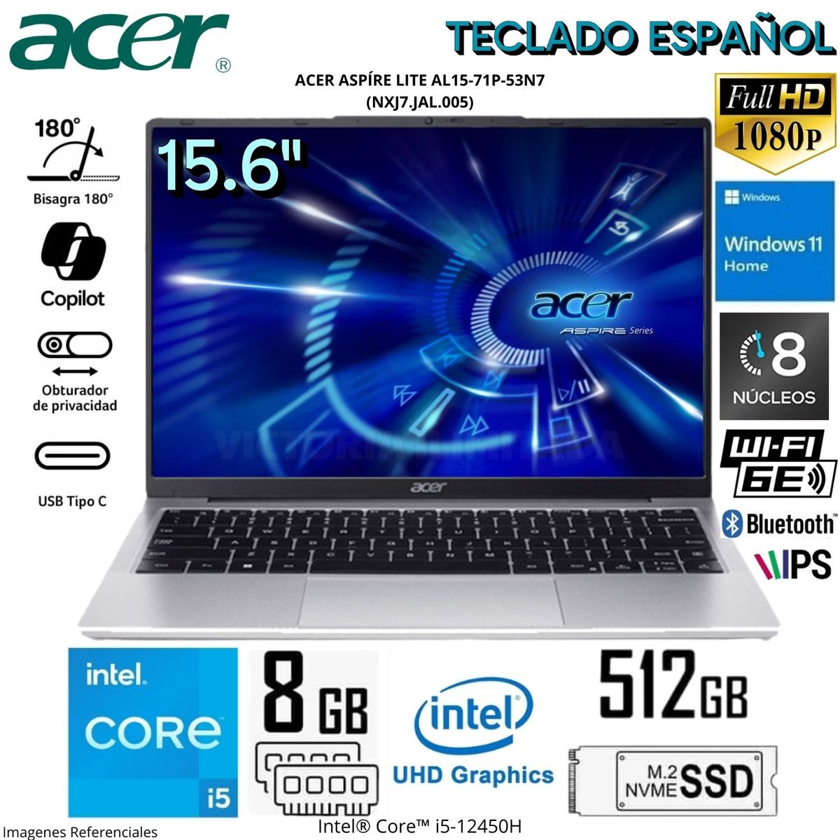 ACER - Laptop Acer Aspire  AL15-71P-53N7 Intel Core i5-12450H 8GB DDR5 RAM 512GB 15.6"  FHD Windows 11 Home