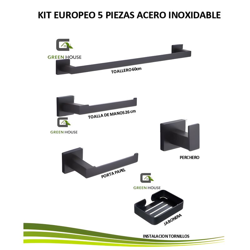 GREEN HOUSE - KIT DE BAÑO EUROPEO NERO 5 PIEZAS ACERO INOXIDABLE