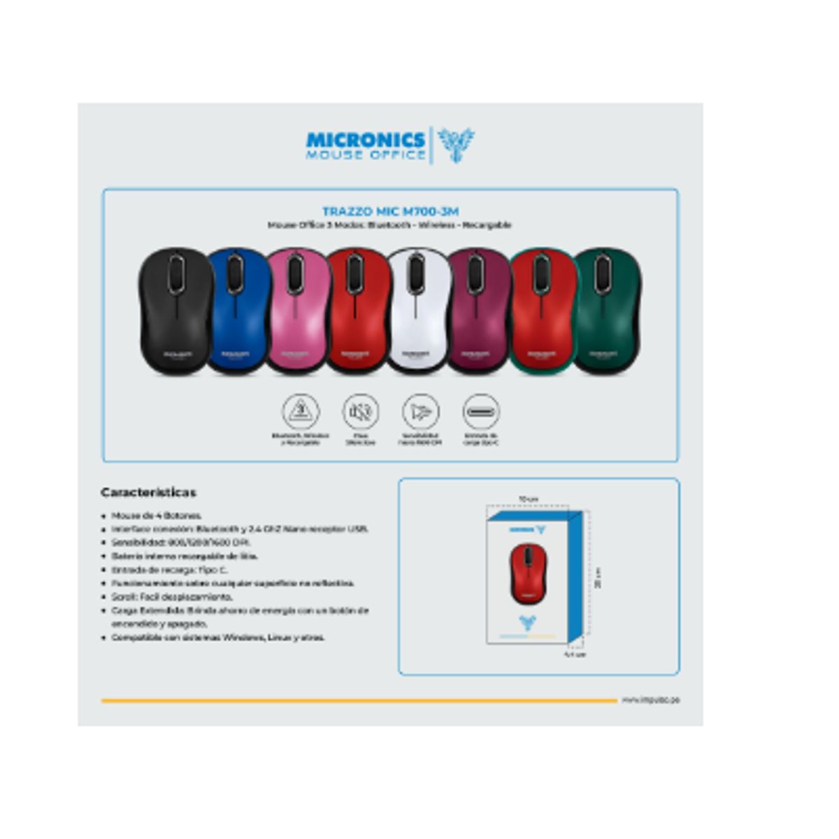 MICRONICS - Mouse Inalambrico TRAZZO3 MIC M700-3M BT WIFI USB-C Azul MICRONICS