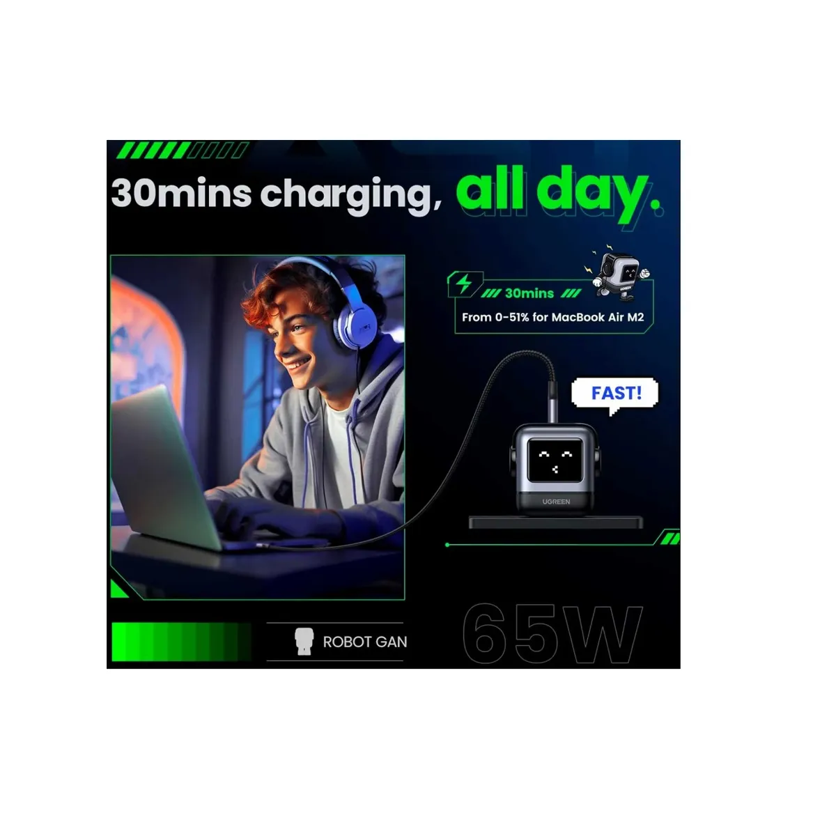 UGREEN - Cargador UGREEN Robot 30 Watts Tipo C Pantalla Led Carga Rapida NEXODE