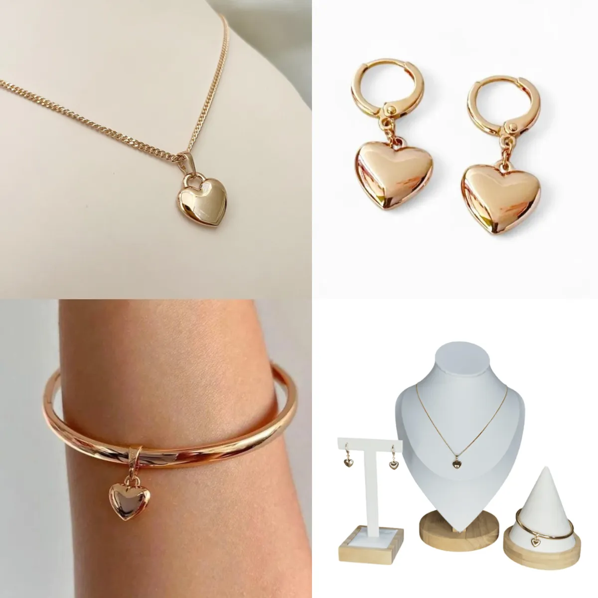 GENERICO - Set Corazon Aretes Collar y Pulsera Bañado en Oro 18k