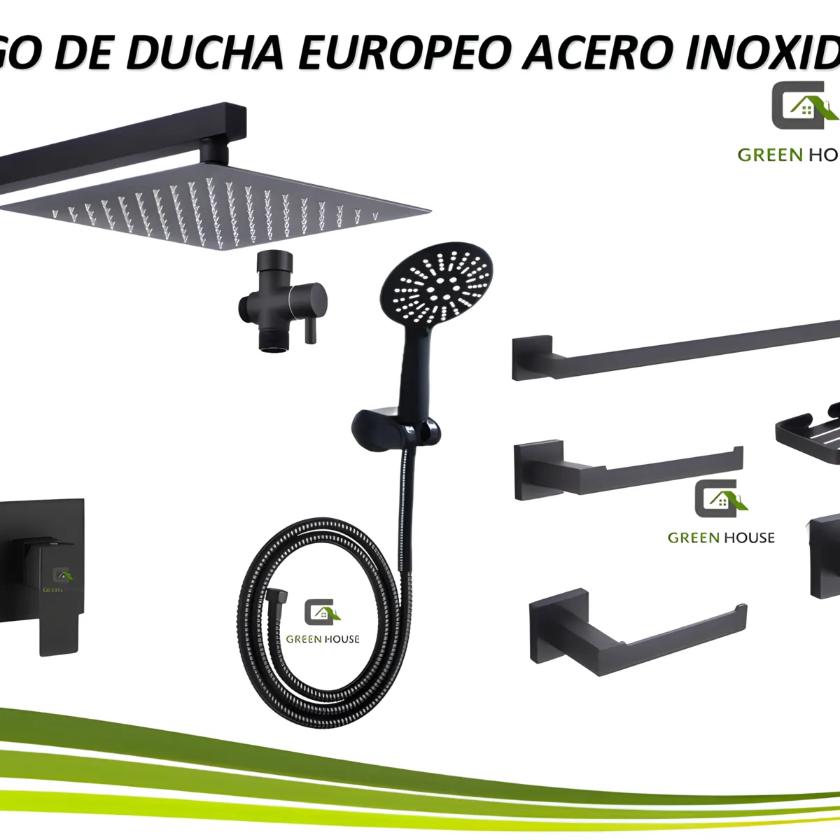 GREEN HOUSE - KIT DE DUCHA  MODELO EUROPEO  25CM ACERO INOXIDABLE + ACCESORIOS