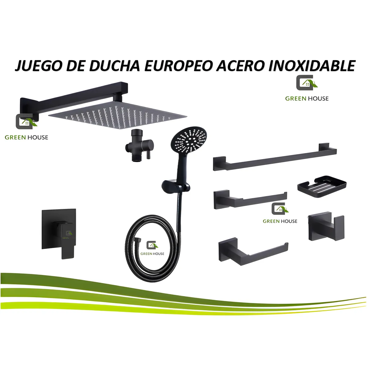 GREEN HOUSE - KIT DE DUCHA  MODELO EUROPEO  25CM ACERO INOXIDABLE + ACCESORIOS