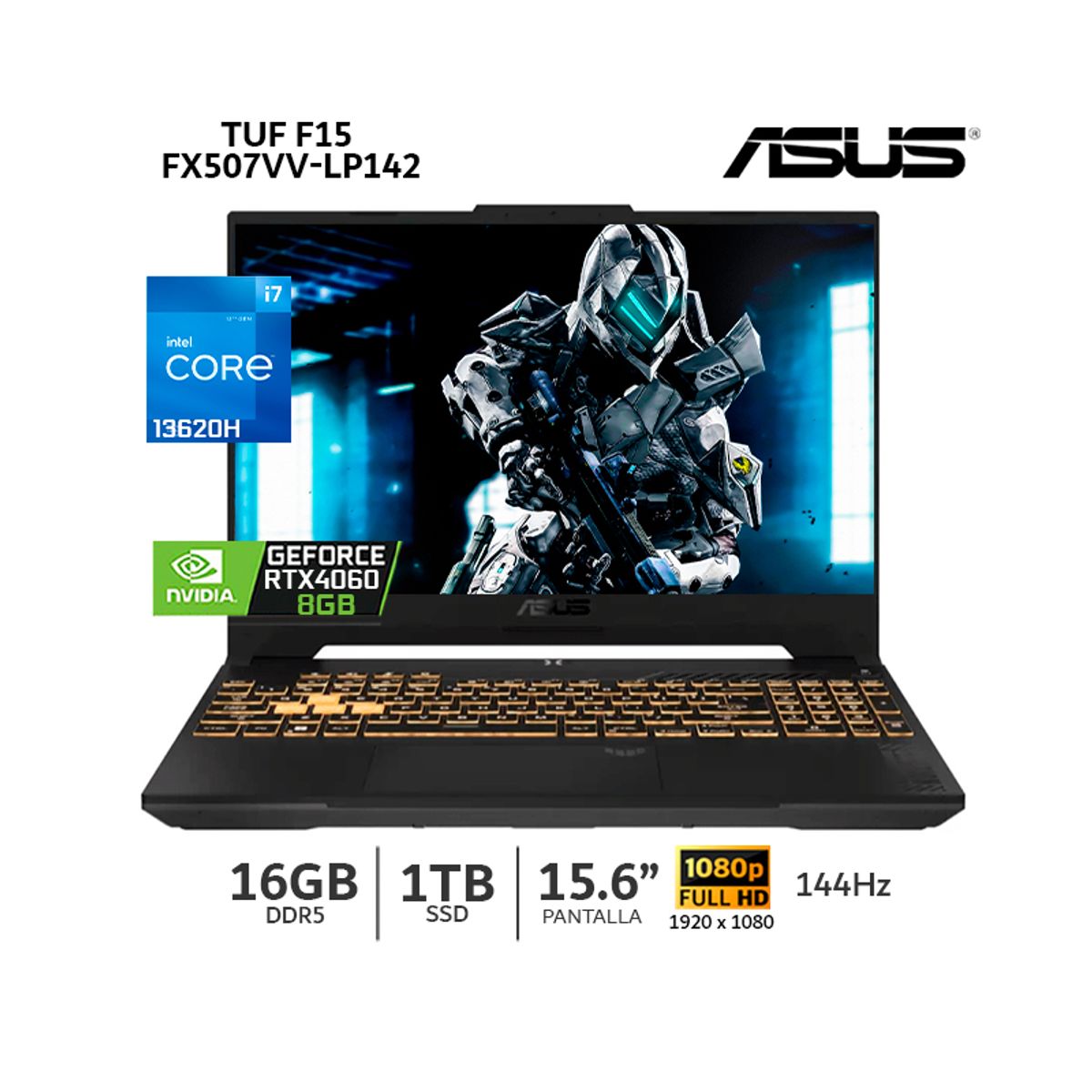 ASUS - Laptop Asus TUF F15 FX507VV-LP142 Ci7 13620H/ 16Gb DDR5/ 1Tb SSD M.2/ RTX 4060 8Gb/ 15.6” FHD