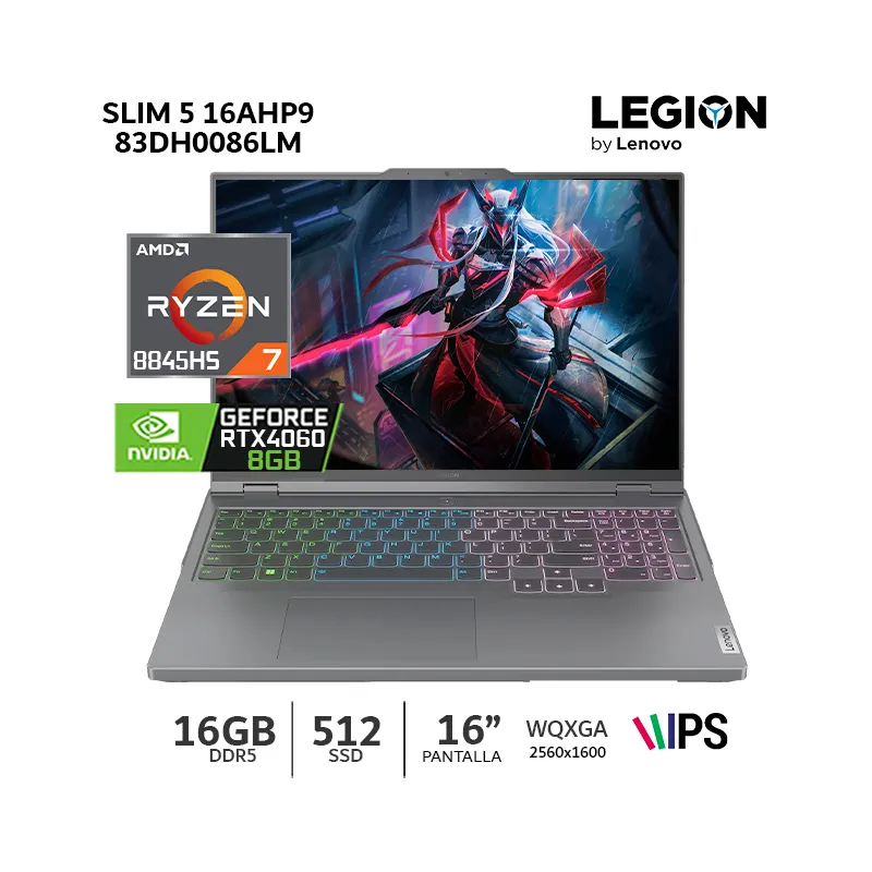LENOVO - Lenovo Legion SLIM 5 16AHP9 AMD Ryzen 7-8845HS 5.1GHz, 16"WQXGA IPS/ 16GB DDR5/ 512Gb SSD-83DH0086LM