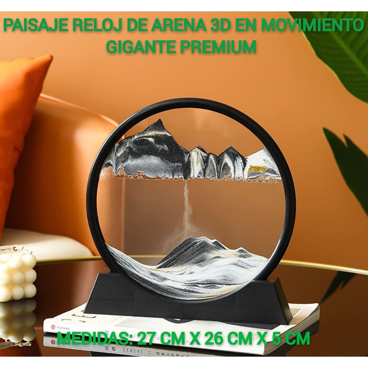GENERICO - ADORNO TIPO RELOJ ARENA 3D MOVIMIENTO EXTRA PREMIUM NEGRO