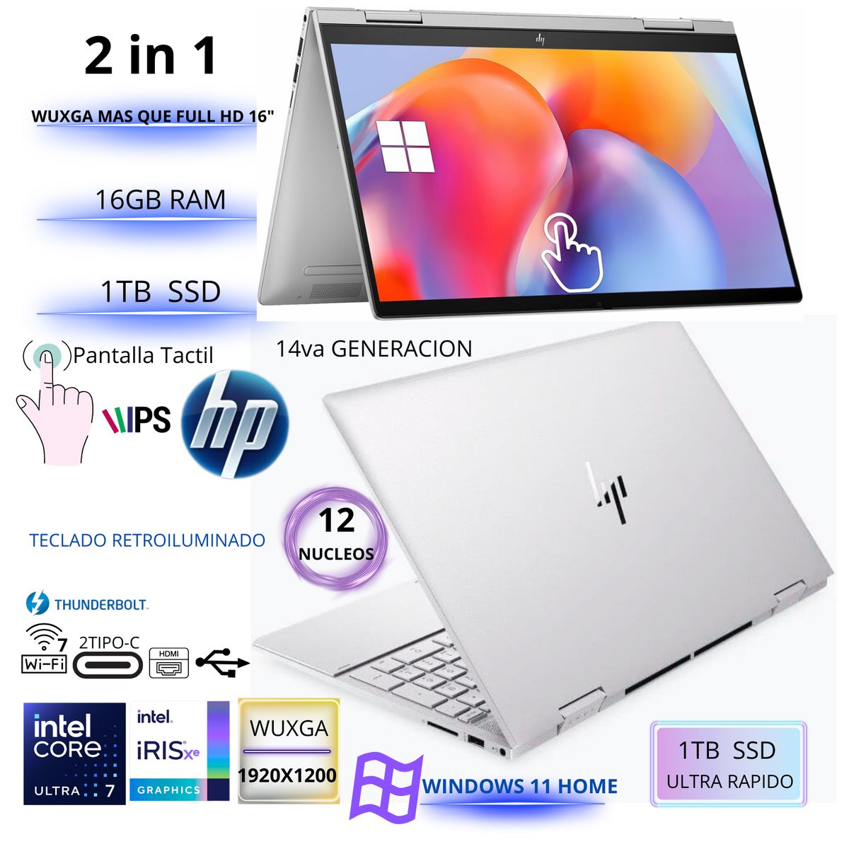 HP - HP Envy x360 Laptop 2 en 1 con pantalla táctil IPS WUXGA de 15.6, Intel Core Ultra 7 , 16GB ,1TB  SSD