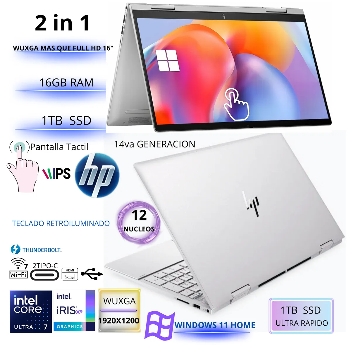 HP - HP Envy x360 Laptop 2 en 1 con pantalla táctil IPS WUXGA de 15.6, Intel Core Ultra 7 , 16GB ,1TB  SSD