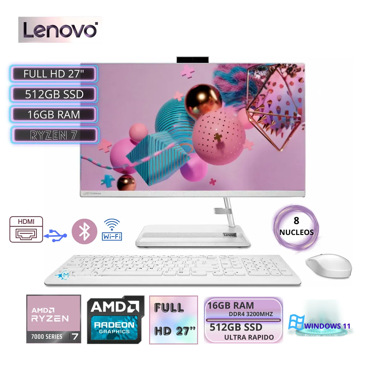 LENOVO - All In One Lenovo IdeaCentre AIO 3 27ALC6 Ryzen 7-7730U 16GB RAM, SSD512GB 27″