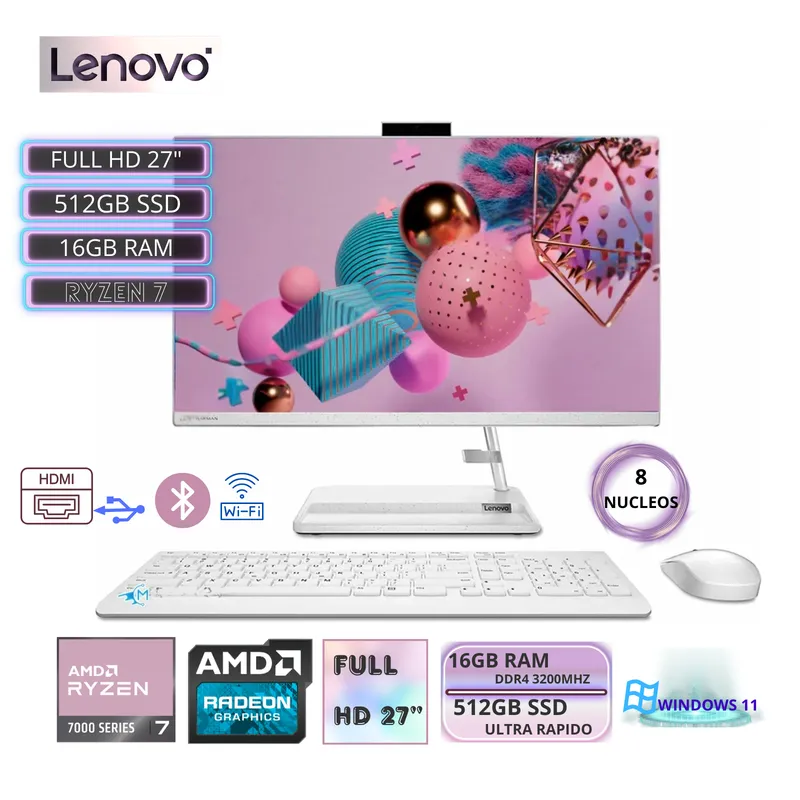LENOVO - All In One Lenovo IdeaCentre AIO 3 27ALC6 Ryzen 7-7730U 16GB RAM, SSD512GB 27″