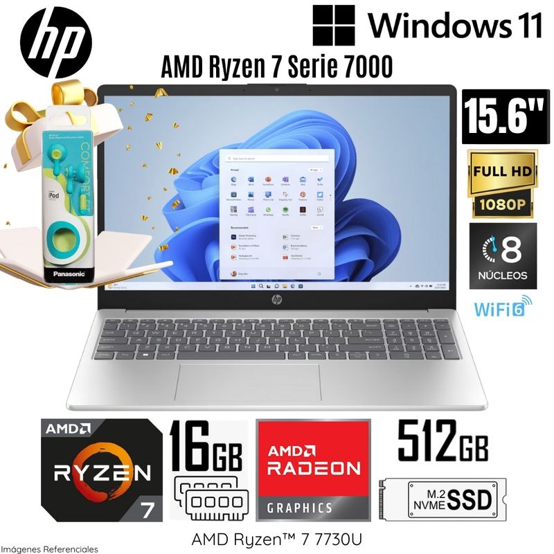 HP - Laptop HP 15-FC0013la AMD Ryzen 7-7730U 16GB RAM 512GB SSD 15.6"  FHD Windows 11 Home + Regalo