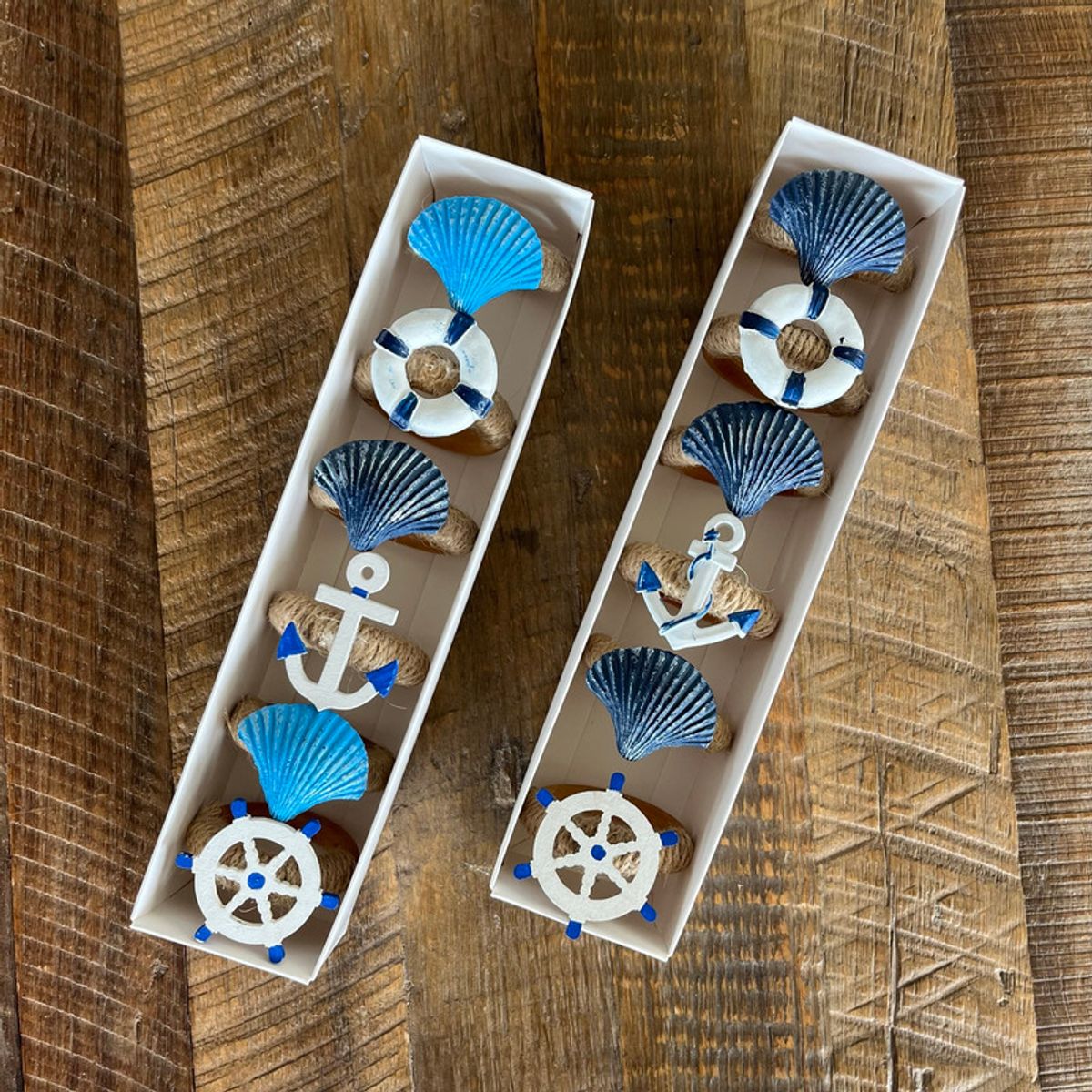 D'MESA - Set 4 Aros servilleteros madera timón y yute estilo náutico rústico