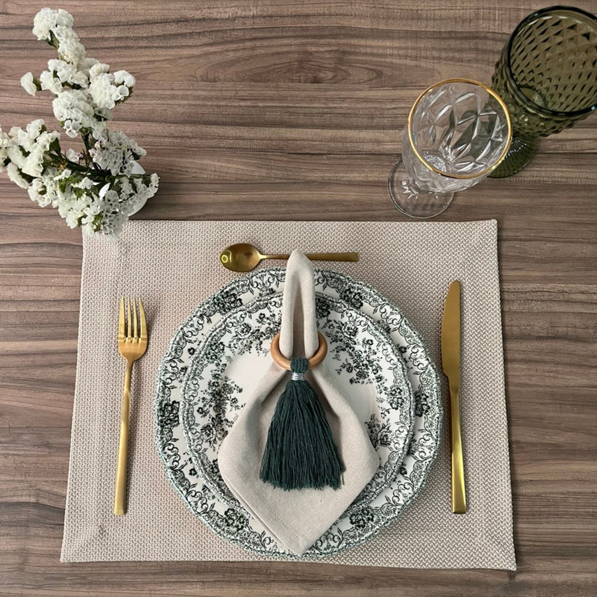 D'MESA - Set 4 Aros servilleteros madera flecos verdes estilo fresco