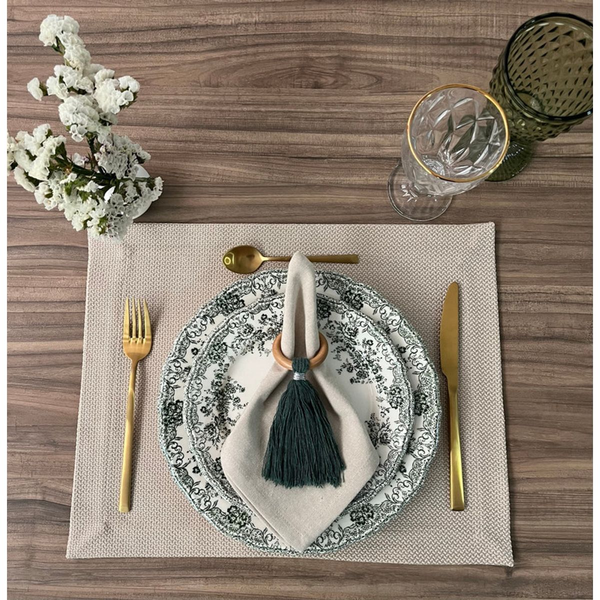 D'MESA - Set 4 Aros servilleteros madera flecos verdes estilo fresco
