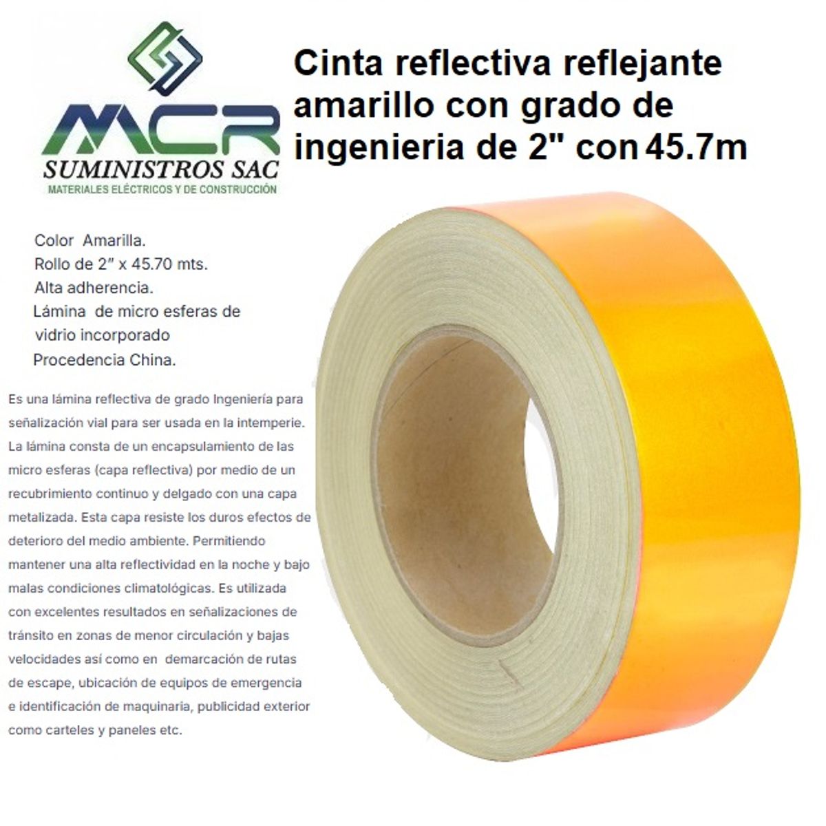 GENERICO - Cinta reflectiva reflejante amarillo con grado de ingenieria de 2 con 45.7m