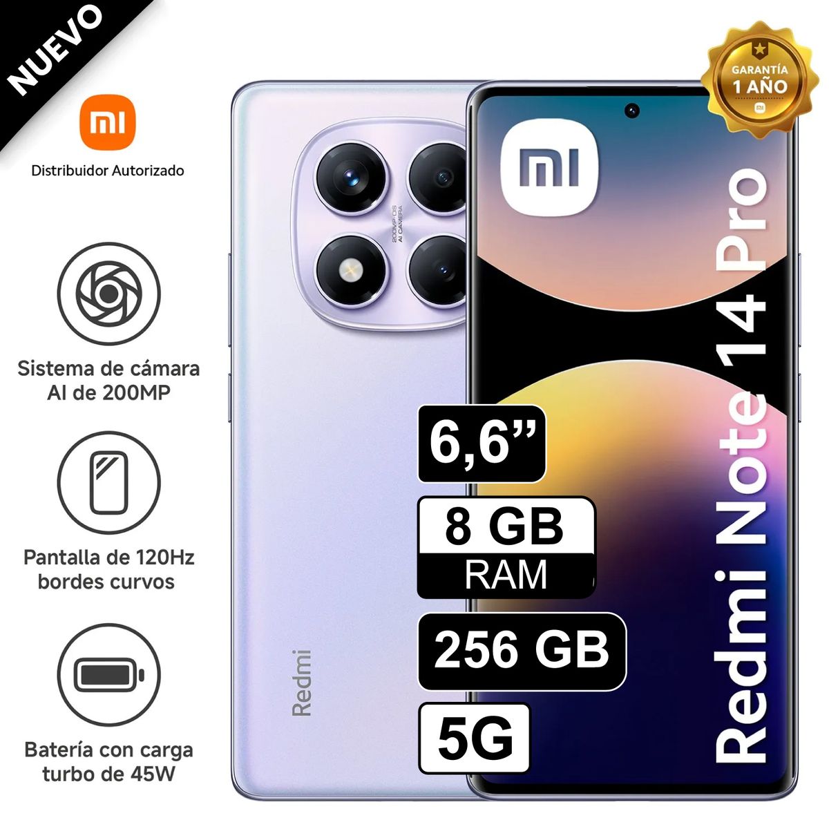 REDMI - Celular Libre Xiaomi Redmi Note 14 PRO 5G 6.6" Pulg 256GB 8GB Lila