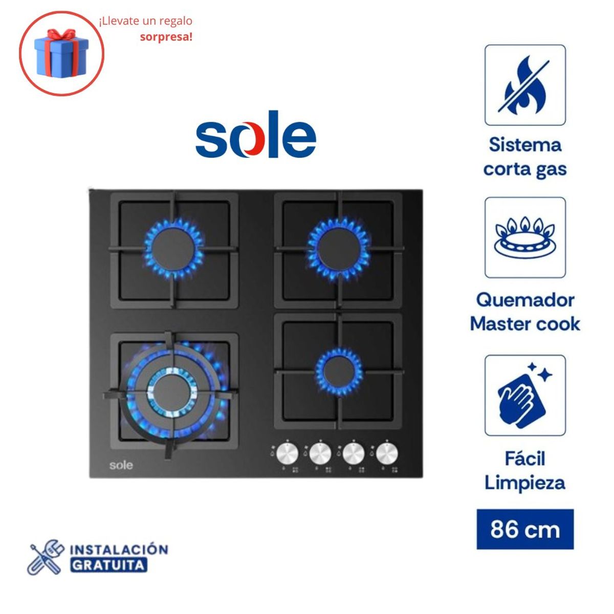 SOLE - Cocina a Gas Empotrable Sole SOLCO040 4 Hornillas