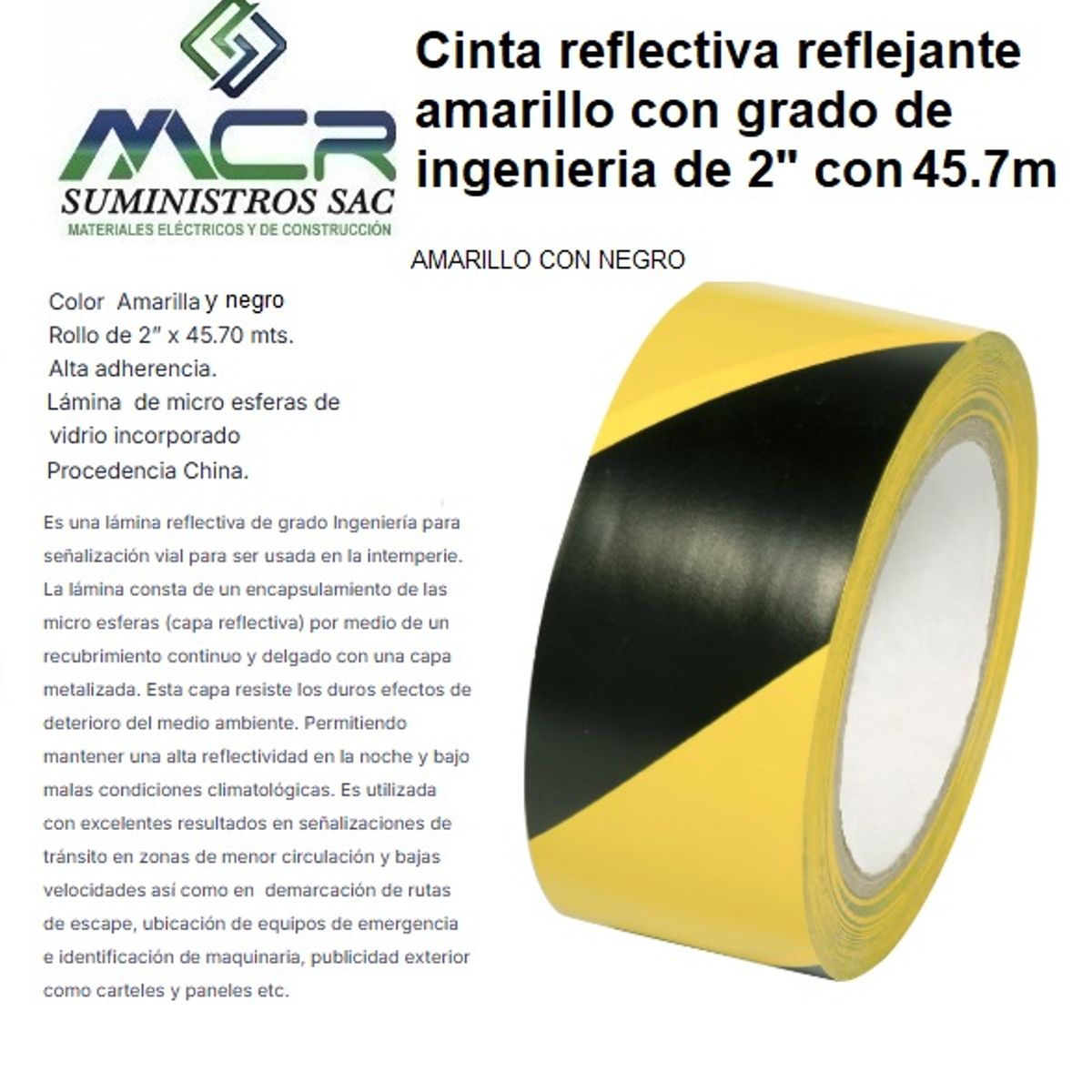GENERICO - Cinta reflectiva reflejante amarillo con negro con grado de ingenieria de 2 con 45,7m