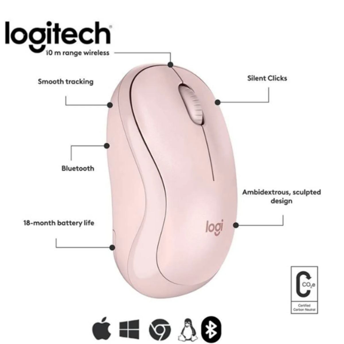 LOGITECH - Mouse Logitech M240 Rosado Inalámbrico Bluetooth  Silencioso y Cómodo