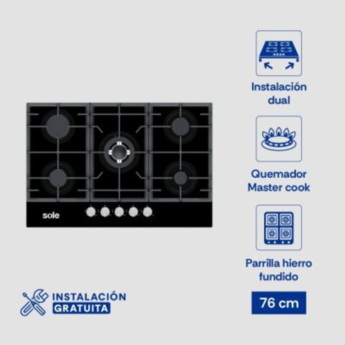 SOLE - ENCIMERA VIDRIO TEMPLADO A GAS 77CM 5H SOLCO058V2 SOLE
