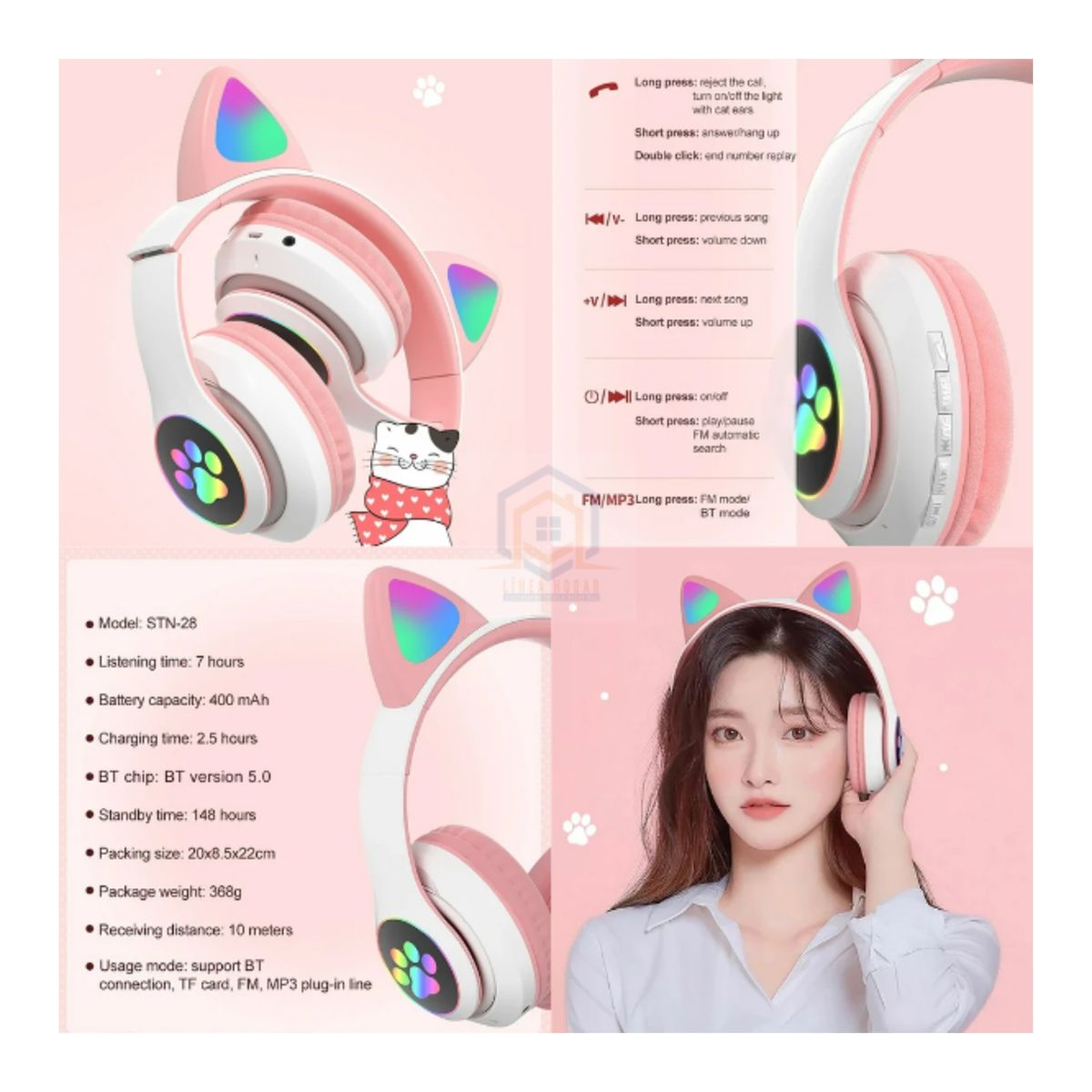 GENERICO - Auricular Inalámbrico Gato bluetooth STN-28 Rosado