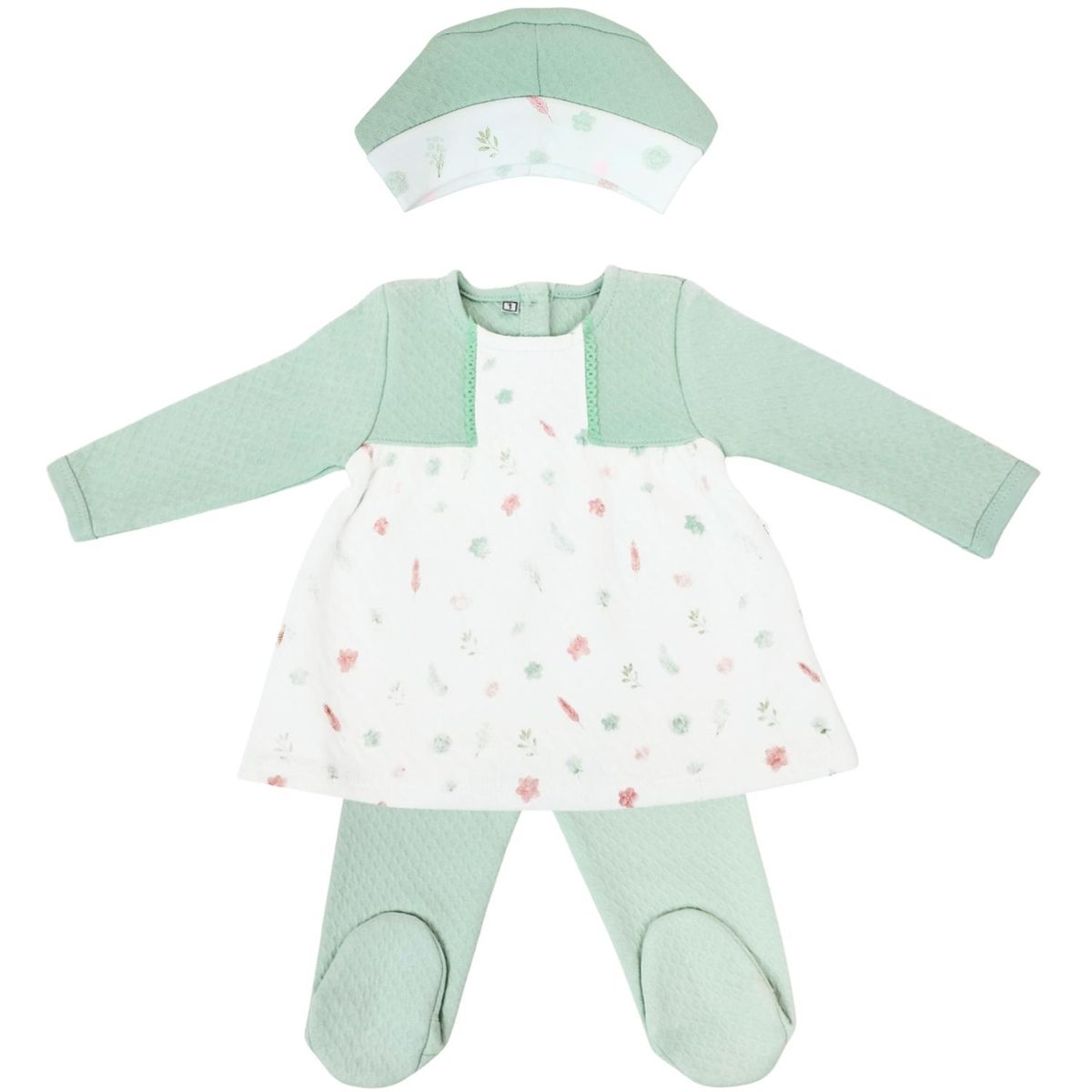 GENERICO - Conjunto Vestido bebé Niña - 3 piezas - Flores - Verde