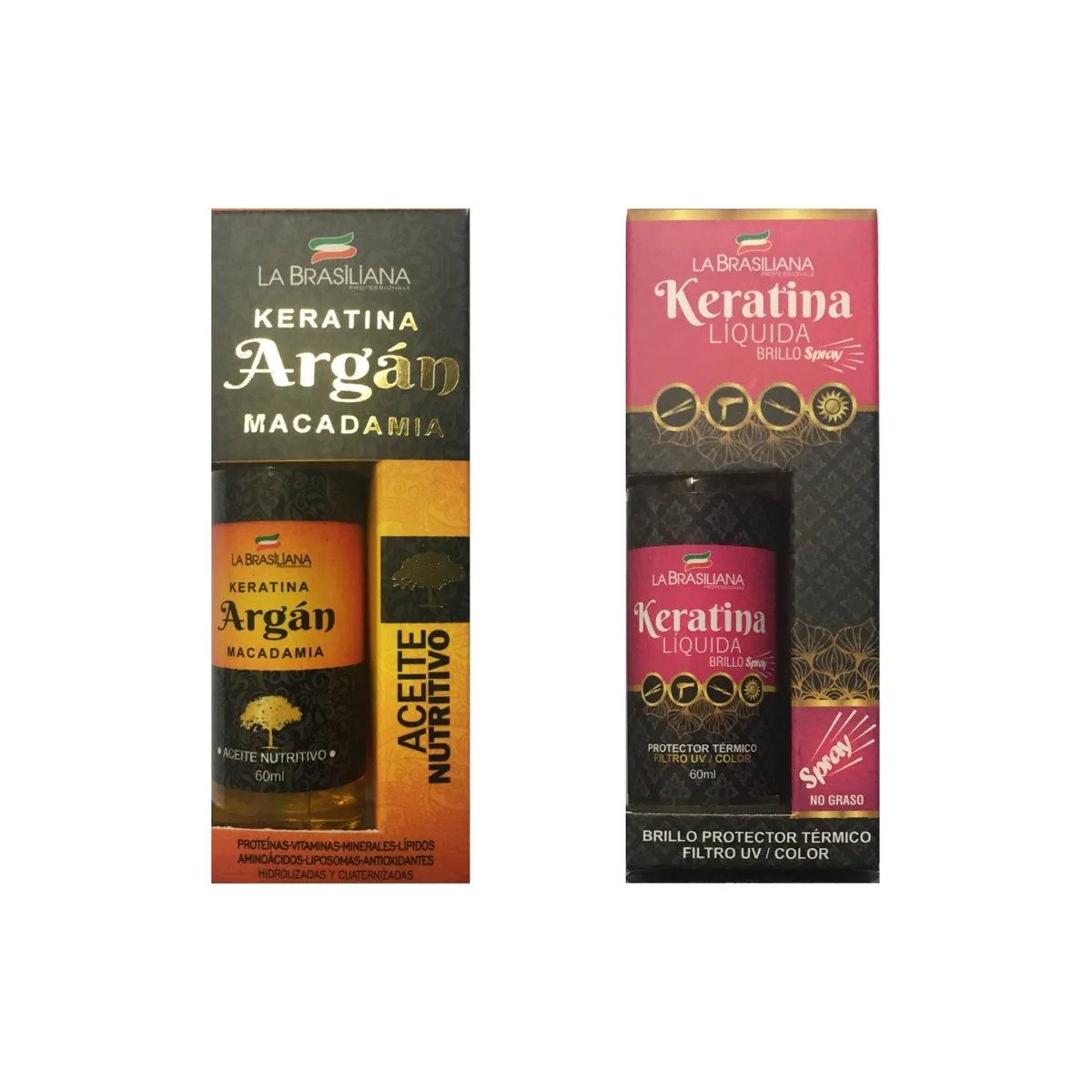 LA BRASILIANA - Aceite Nutritivo ARGAN 60 ml + Protector Termico Keratina Líquida 60ml