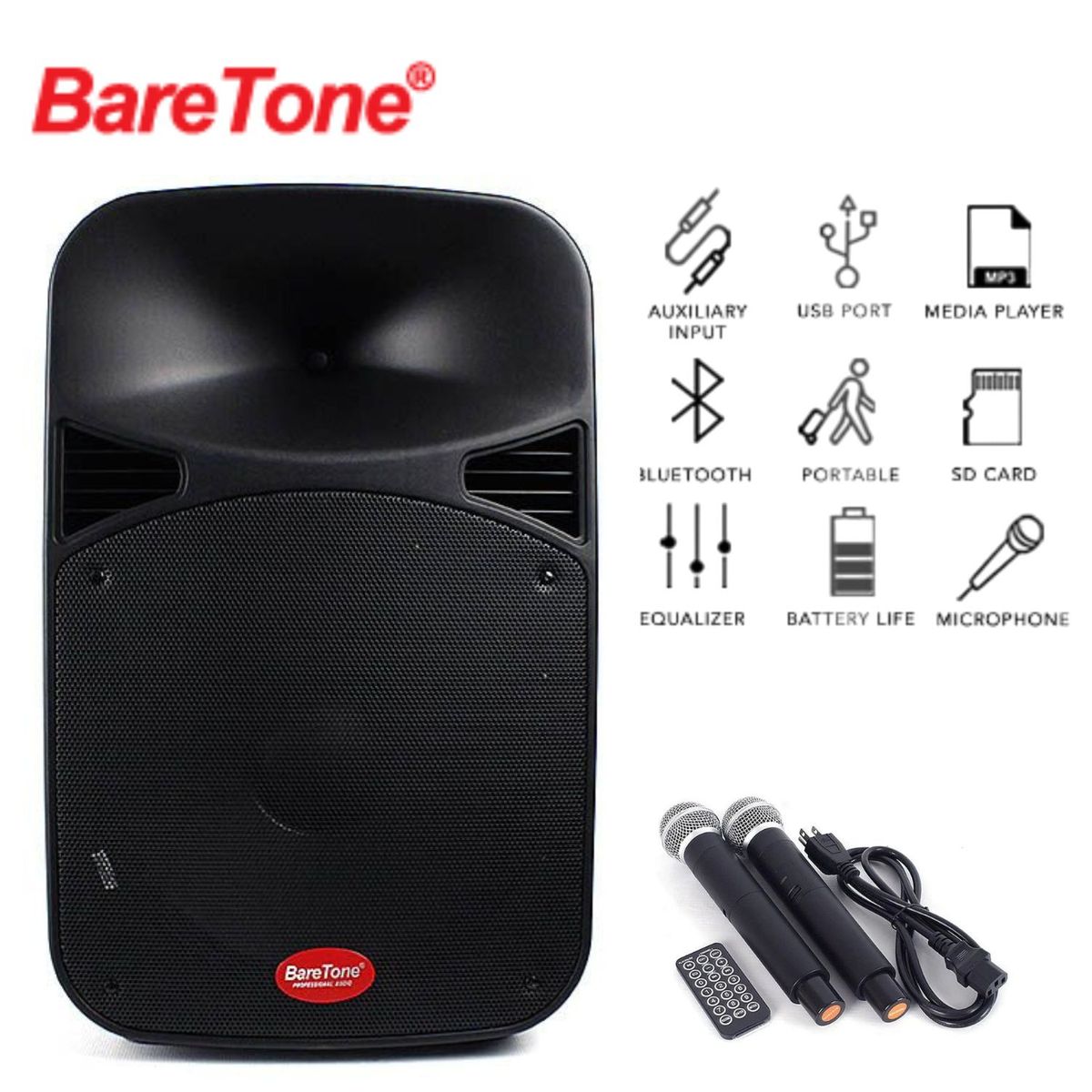 BARETONE - Parlante Profesional Baretone MAX-15MHWR Recargable + 2 MIC