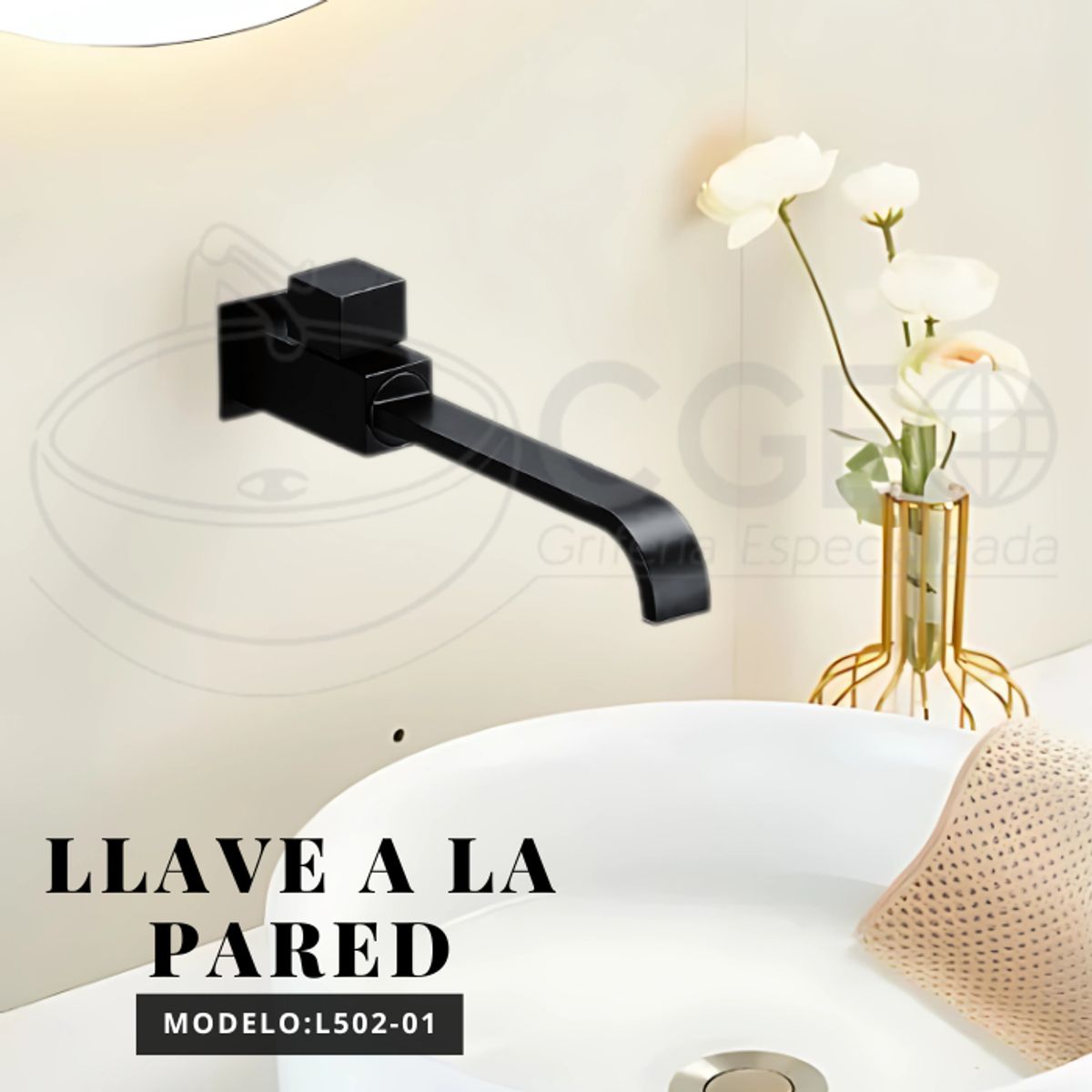 XM - LLAVE DE LAVATORIO CUADRADO NEGRO PARED L502-01