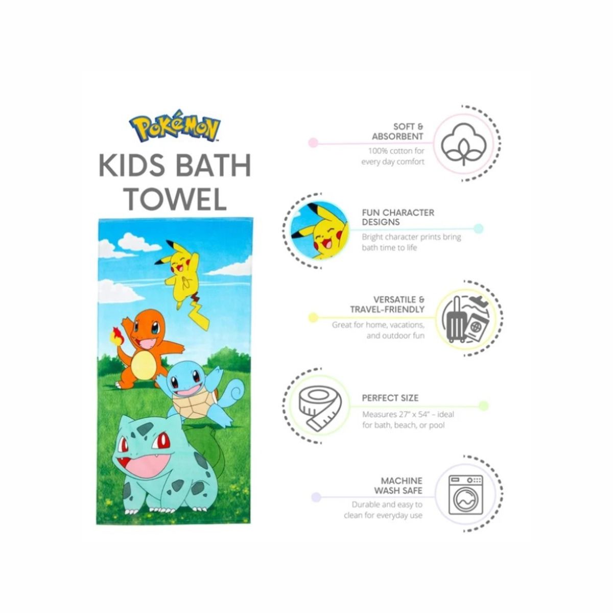POKEMON - Pokemon Toalla para niños Edicion Pikachu Charmander