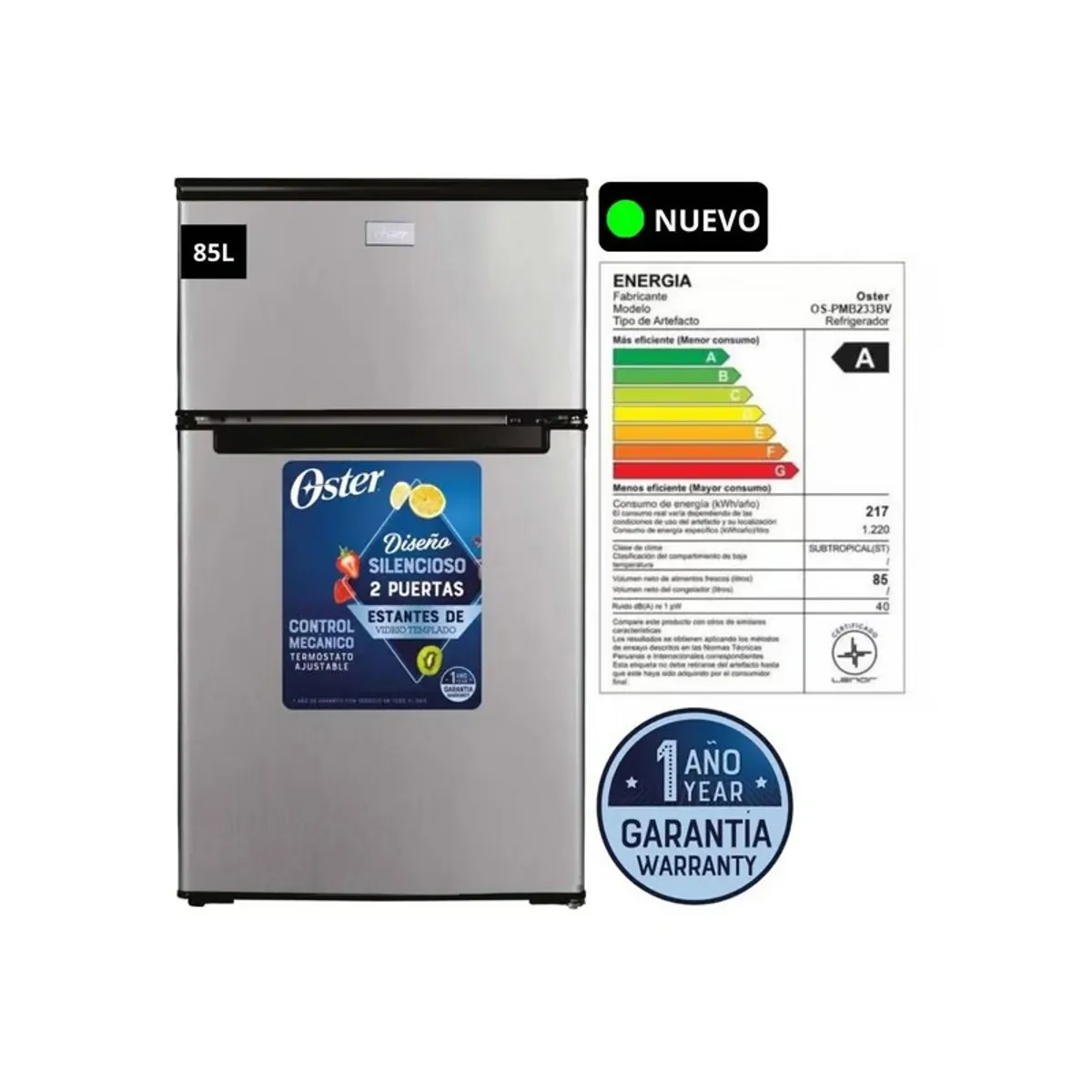 OSTER - Frigobar Oster 85L 2 Puertas OS PMB233BV