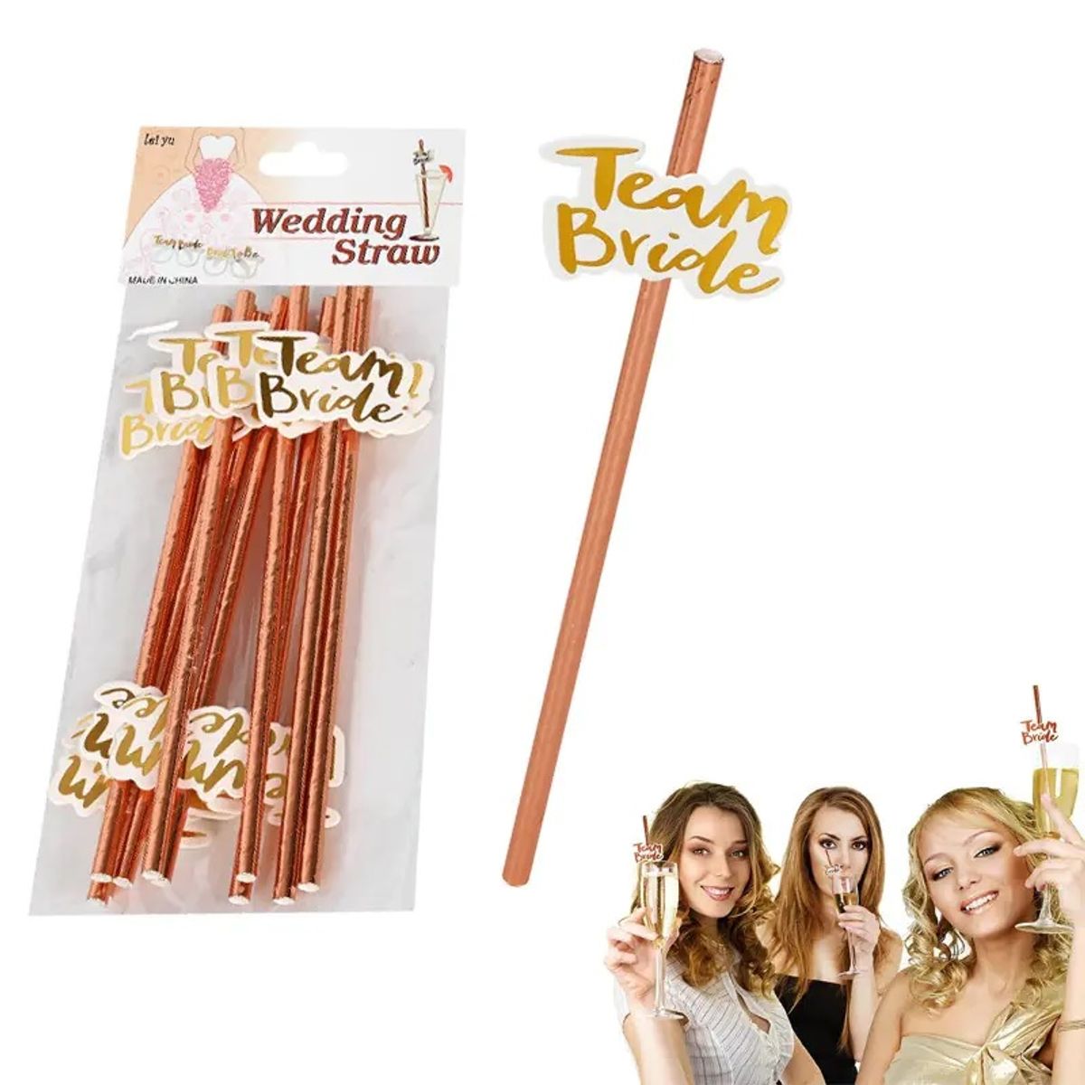 GENERICO - Set x 10 cañitas oro rosa de papel team bride despedida de soltera