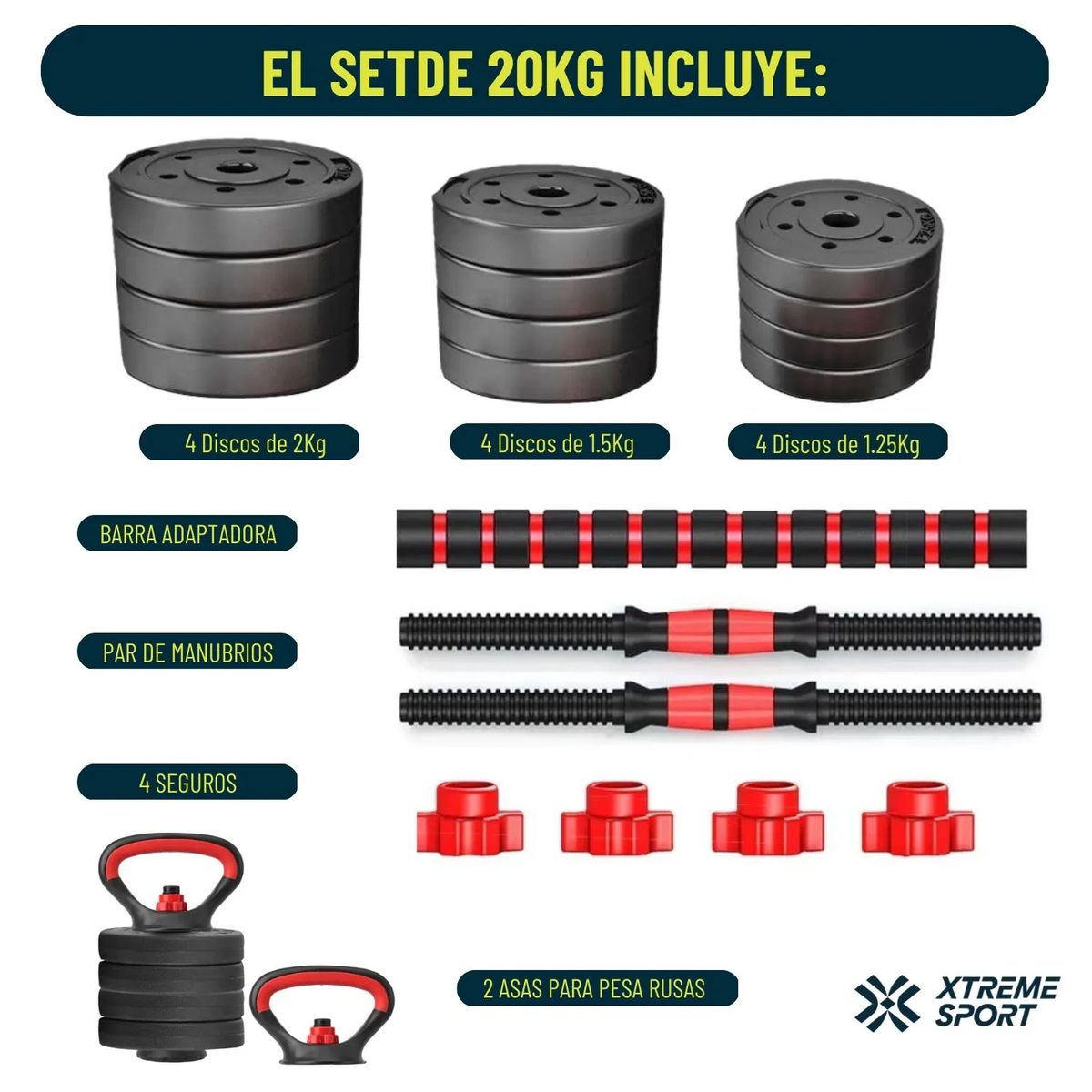 XTREME SPORT - Mancuernas Set de 20 Kg Convertibles + Barra + Asas