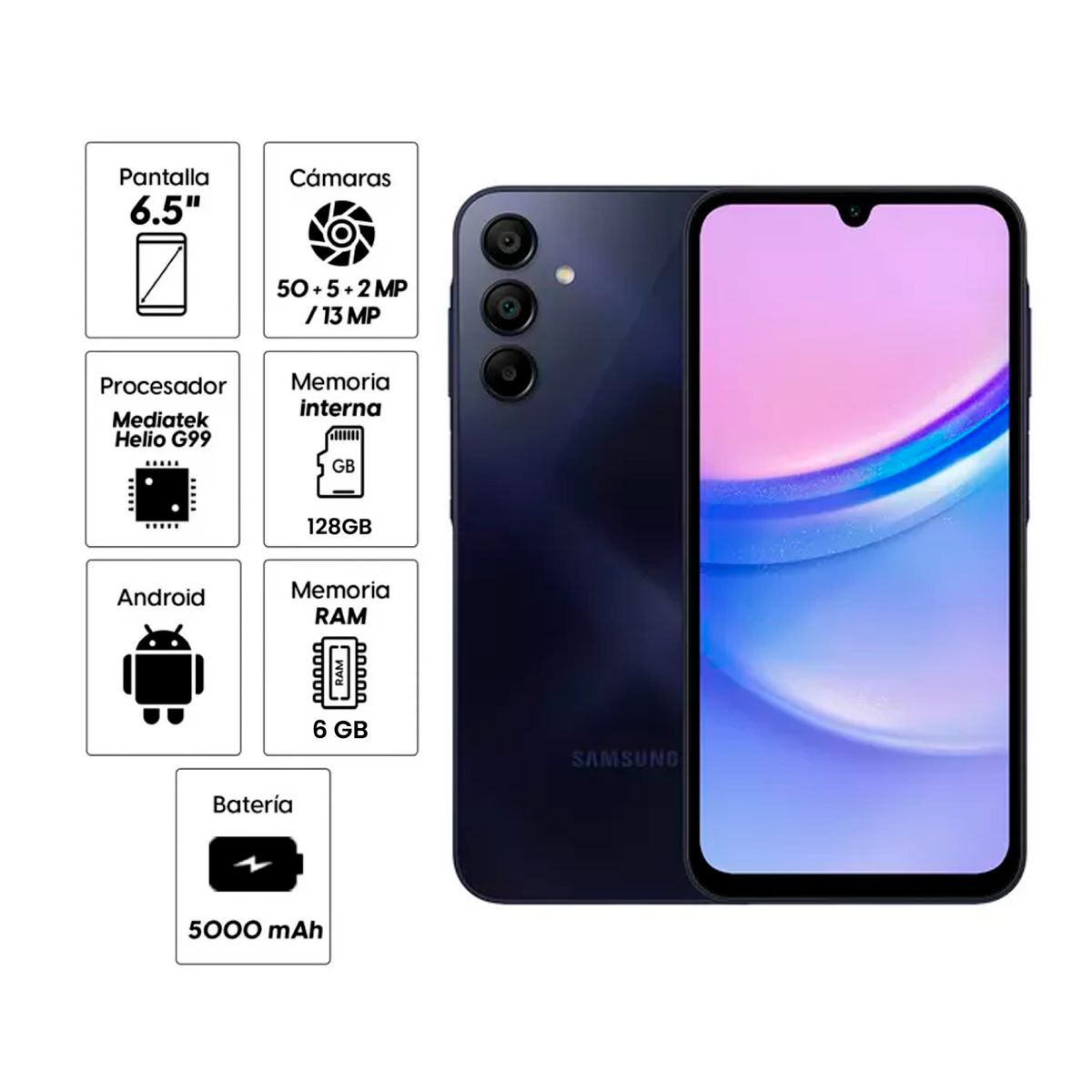 SAMSUNG - Celular Samsung Galaxy A15 4G 6GB 128GB + Cargador 15W - Negro Azulado