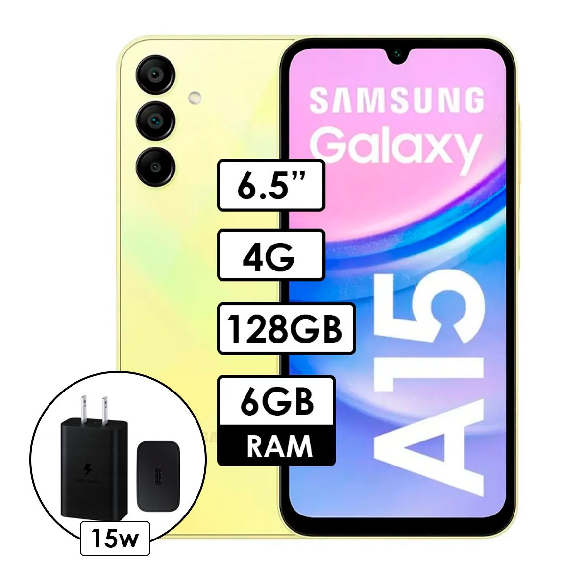 SAMSUNG - Celular Samsung Galaxy A15 4G 6GB 128GB + Cargador 15W - Amarillo