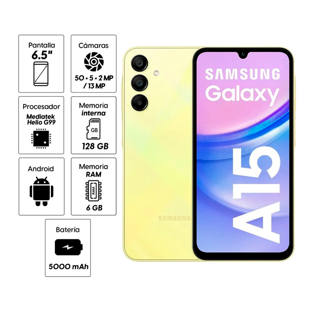 SAMSUNG - Celular Samsung Galaxy A15 4G 6GB 128GB + Cargador 15W - Amarillo
