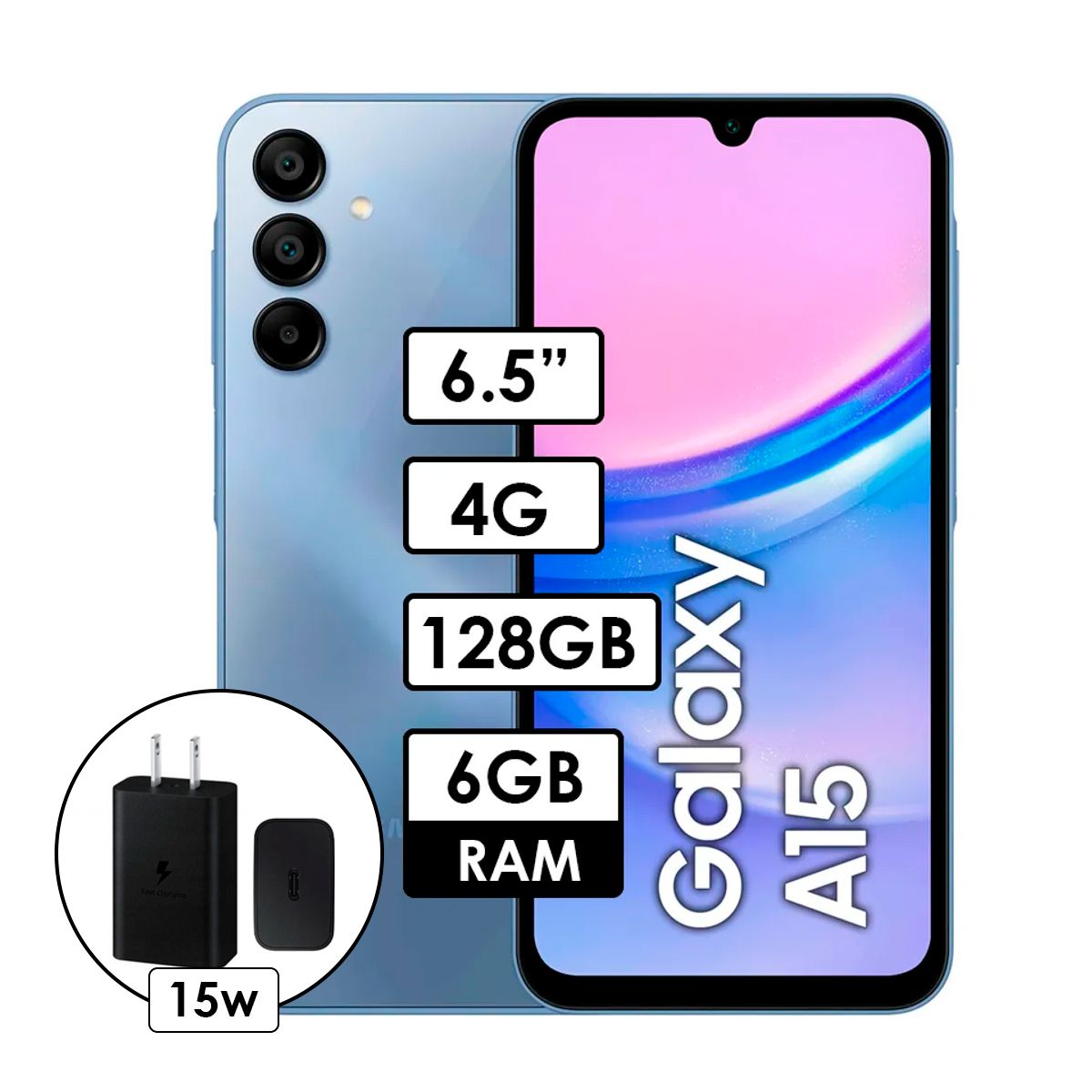 SAMSUNG - Celular Samsung Galaxy A15 4G 6GB 128GB + Cargador 15W - Azul Oscuro