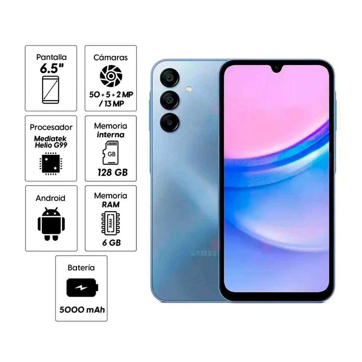 SAMSUNG - Celular Samsung Galaxy A15 4G 6GB 128GB + Cargador 15W - Azul Oscuro