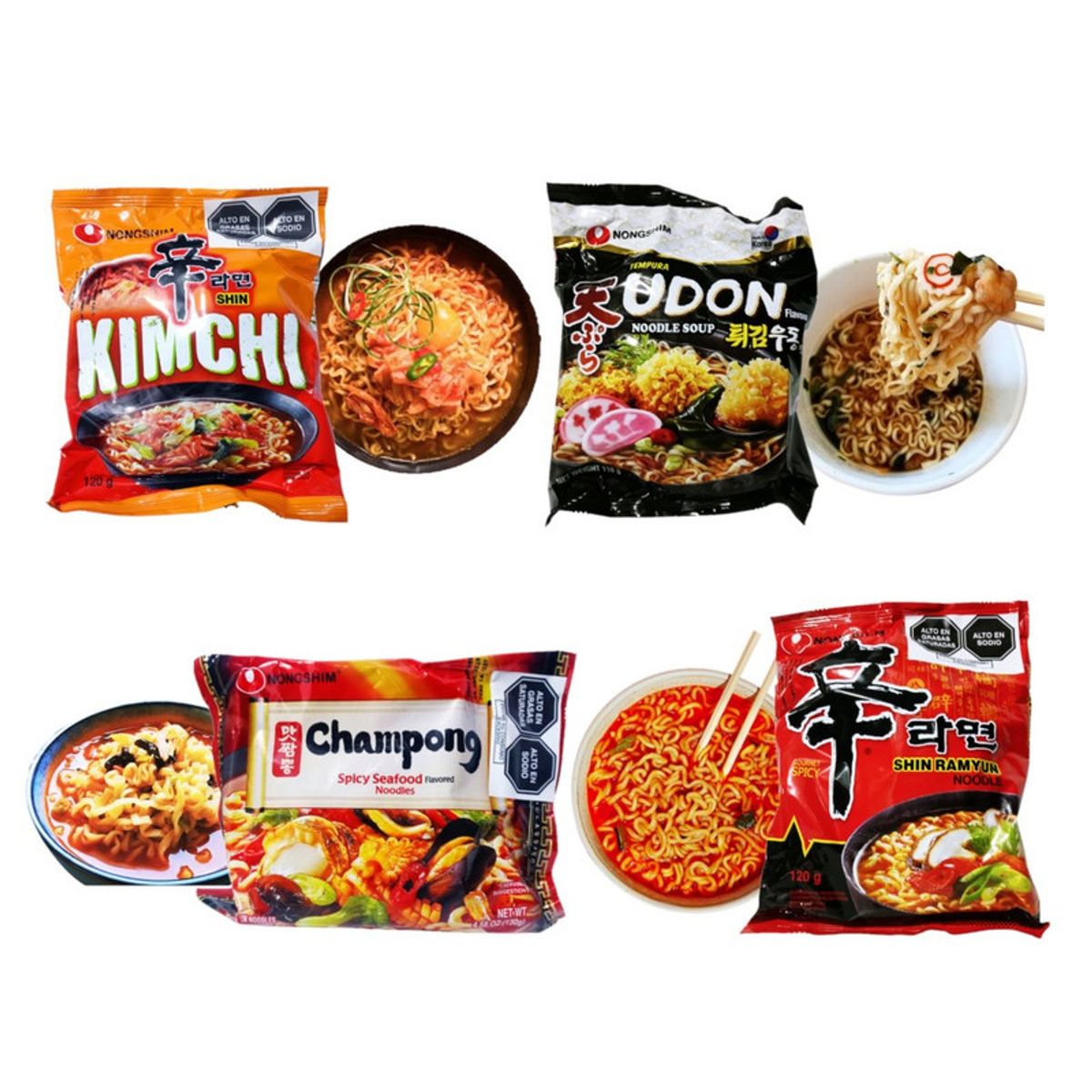 GENERICO - Pack Fideos Ramen 4u Kimchi Udon Tempura Champong Picante