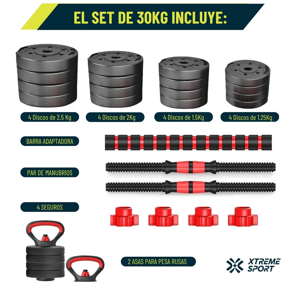 XTREME SPORT - Mancuernas Set de 30 Kg Convertibles + Barra + Asas