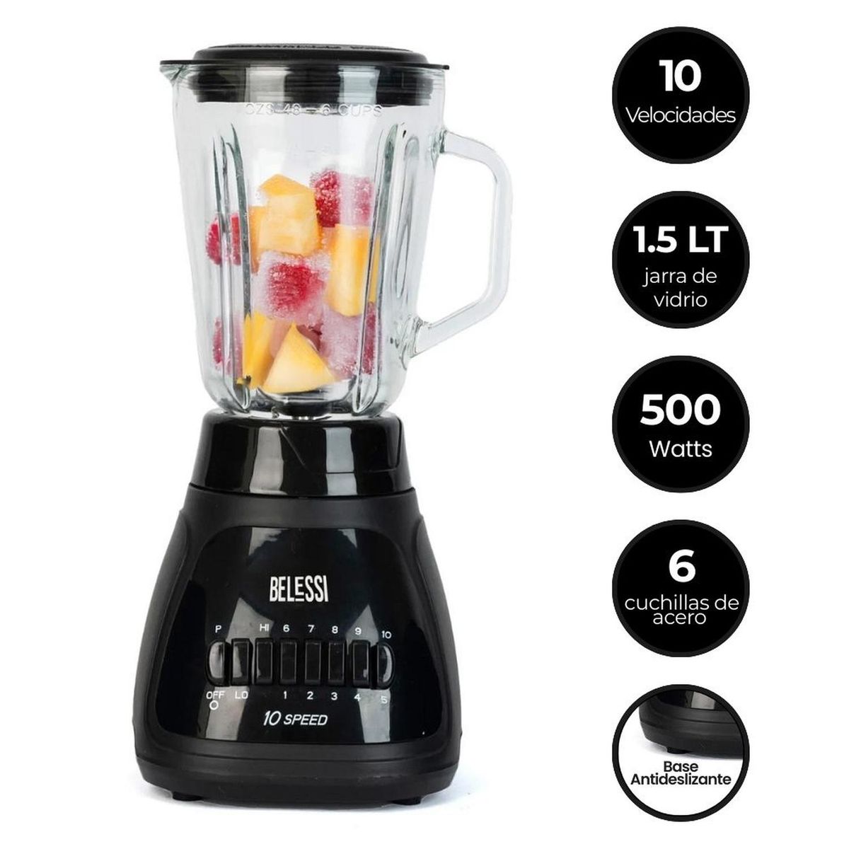 BELESSI - Licuadora 10 Velocidades + Pulso - 500W 1.5L, Vaso de Vidrio